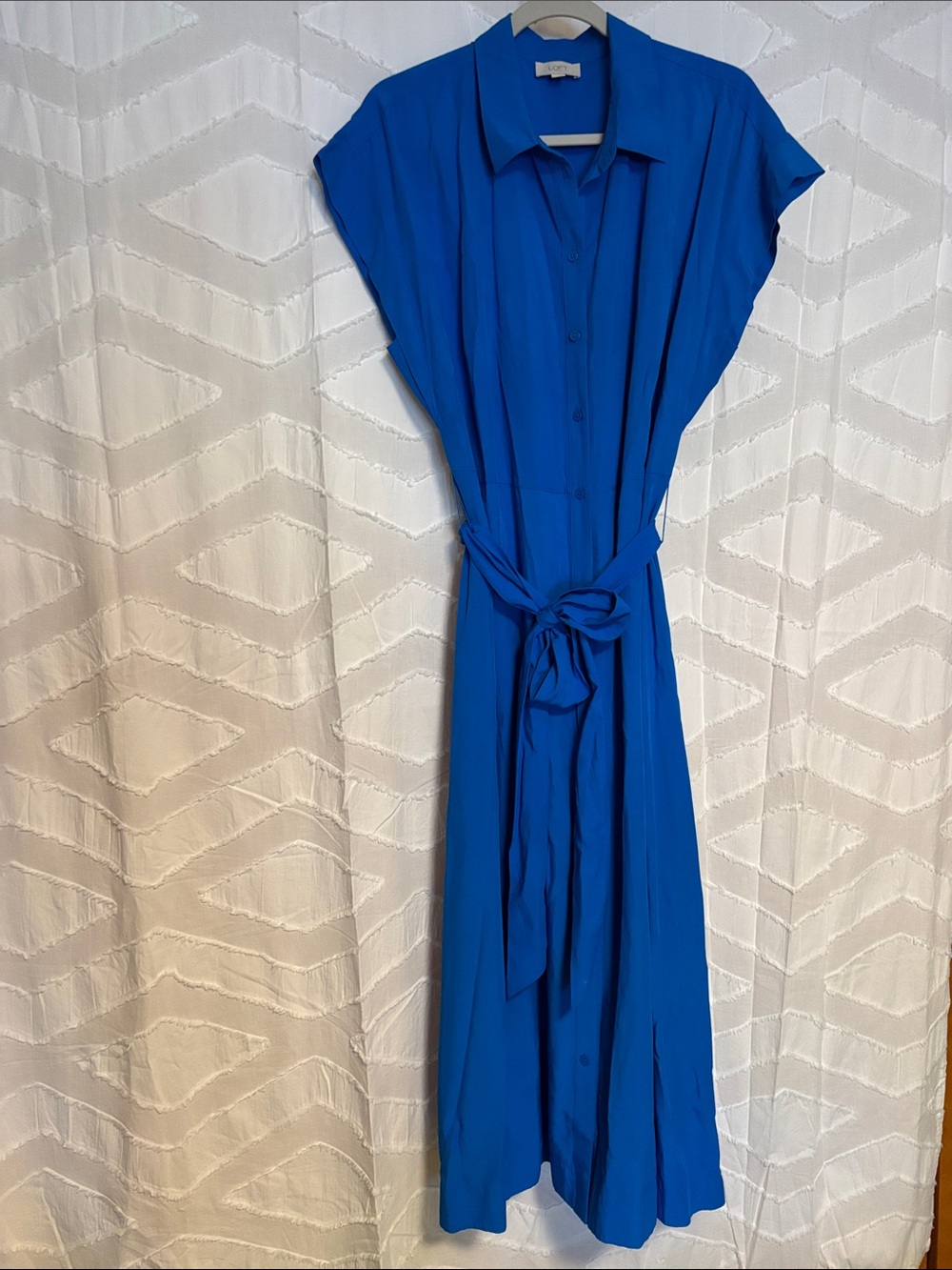 LOFT Royal Blue Cap-Sleeve Collared Maxi Dress with Self-Tie Waist
